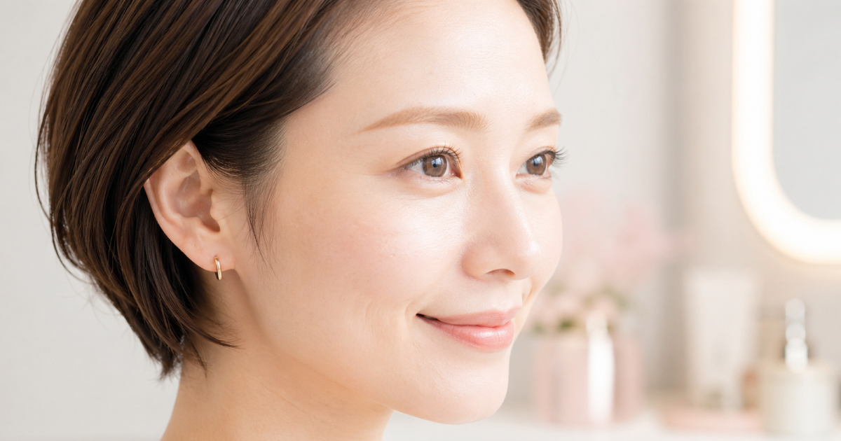 眉毛ブリーチで明るいベージュブラウンになった40代女性の眉毛のアップ